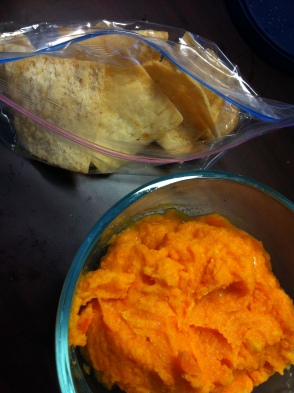 Creamy Carrot spread and sea salt pita chips 